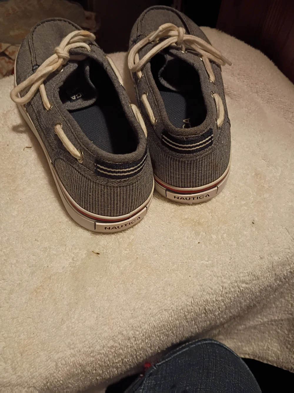 Nautica Gray Canvas Slip-On Boat Shoes with Cream Laces and Red Accent